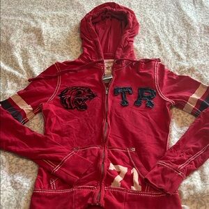 Red Hooded Jacket with Embroidered Patches